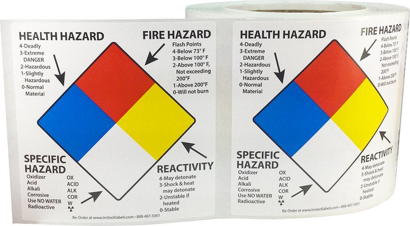 Right to Know Labels Health Fire Reactivity Specific Hazard, 4 x 4 Inch Square Adhesive Stickers, 500 Total Hazard Labels on a Roll for Workplace Safety and Compliance – Made in the USA