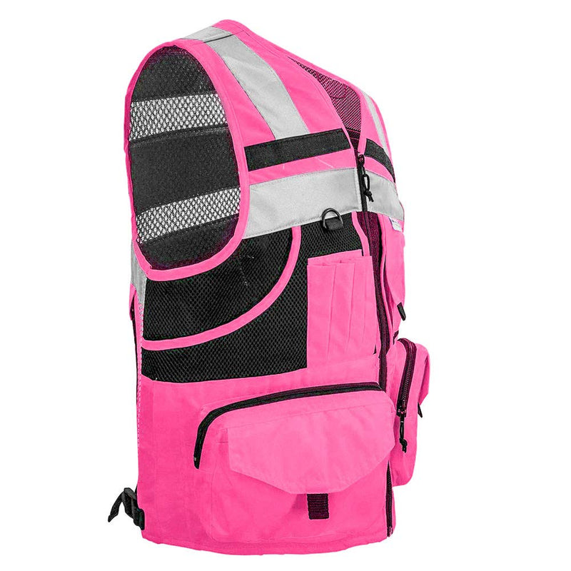 SUXIBIP 10 Pockets Safety Vest for Men and Women, High Visibility vest with 3M Reflective Strips, Oxford Fabric Pink X-Large