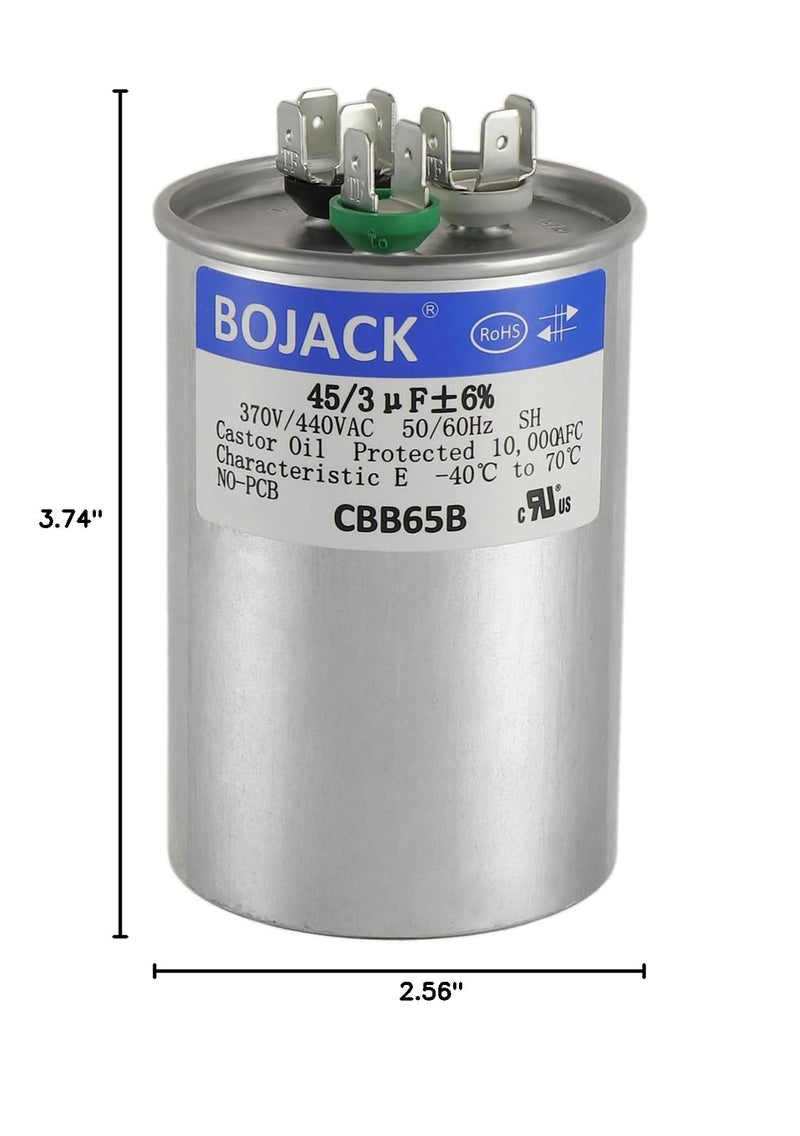 BOJACK 45+3 uF ±6% 45/3 MFD 370/440 VAC CBB65B Dual Run Start Round Capacitor for Condenser Straight Cool or Heat Pump Air Conditioner or AC Motor and Fan Starting