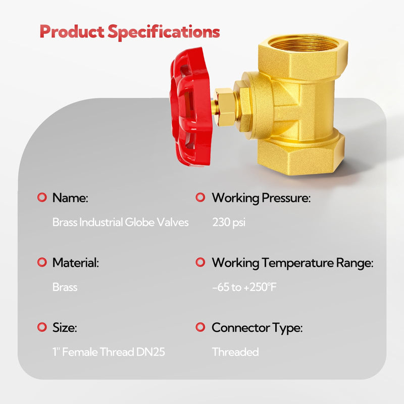 [Australia - AusPower] - 1" Female Thread Brass Industrial Globe Valves, DN25 Heavy Duty Globe Valves Wheel Red Handle with Teflon Tape for Water Oil Air 1" (DN25) 