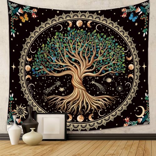 Moon Phase Tree of Life Tapestry Nature Flower Plant Butterfly Tapestries Boho Mandala Spiritual Tapestry Aesthetic Wall Hanging for Home Decor Bedroom Living Room Dorm Decor (35.44" x 47.25", Blue) 47.3"L x 35.4"W