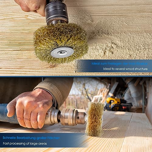 S&R Steel Wire Round Brush Grinding Brush Brass 80 mm x 35 mm | Brass Plated Wood Texture Brush, 0.25 mm Corrugated, Round Shaft 8 mm, Wire Brush for Wood, Metal, Stainless Steel, Plastics 80x35 mm