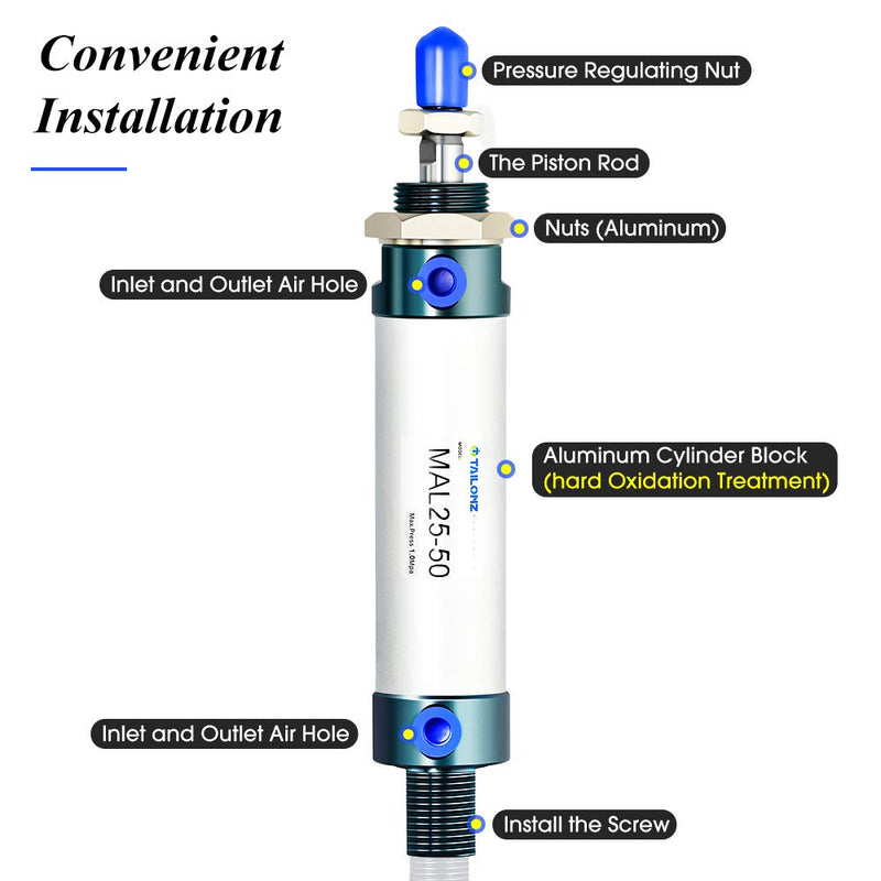 [Australia - AusPower] - TAILONZ PNEUMATIC 25mm Bore 50mm Stroke Air Cylinder Double Action with Y Connector and 2Pcs 6mm Fitting MAL25x50 