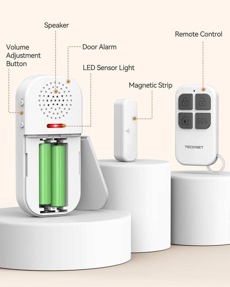 TECKNET Door Alarms When Opened for Kids Safety, 130dB Loud Adjustable Volume Window Alarm with Flashing LED, 4 Modes Door Alarm with Remote 60m/200ft, Easy to Install for Home Security, 4PCS White 4 PCS