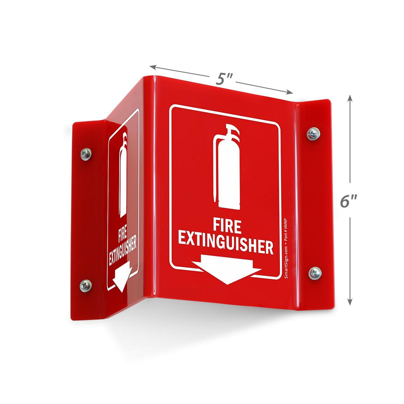 SmartSign (4-Pack) Fire Extinguisher Projecting Sign with Down Arrow - 5" x 6", Two-Sided Wall Mount Polished Acrylic Corridor V-Sign, White on Red #2. Red Acrylic - Pack of 4