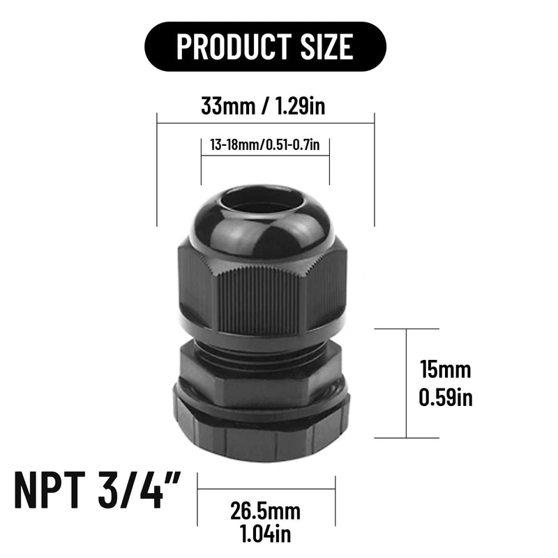 [Australia - AusPower] - Cable Glands, NPT 3/4in Power Strain Relief Cord Connector, Black PA Nylon Cord Grips, Adjustable IP68 Waterproof Cable Gland, for Electrical Box Wire (3/4"-2pcs) 3/4"-2pcs 