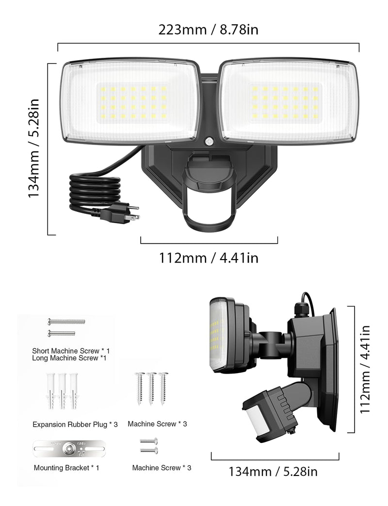 Onforu 32W Plug in Motion Sensor Lights Outdoor, 3200LM Motion Flood Light Dusk to Dawn, IP65 Waterproof Led Security Light Outside, 2 Heads Motion Activated Wall Light for Garage, Porch, Yard - Black