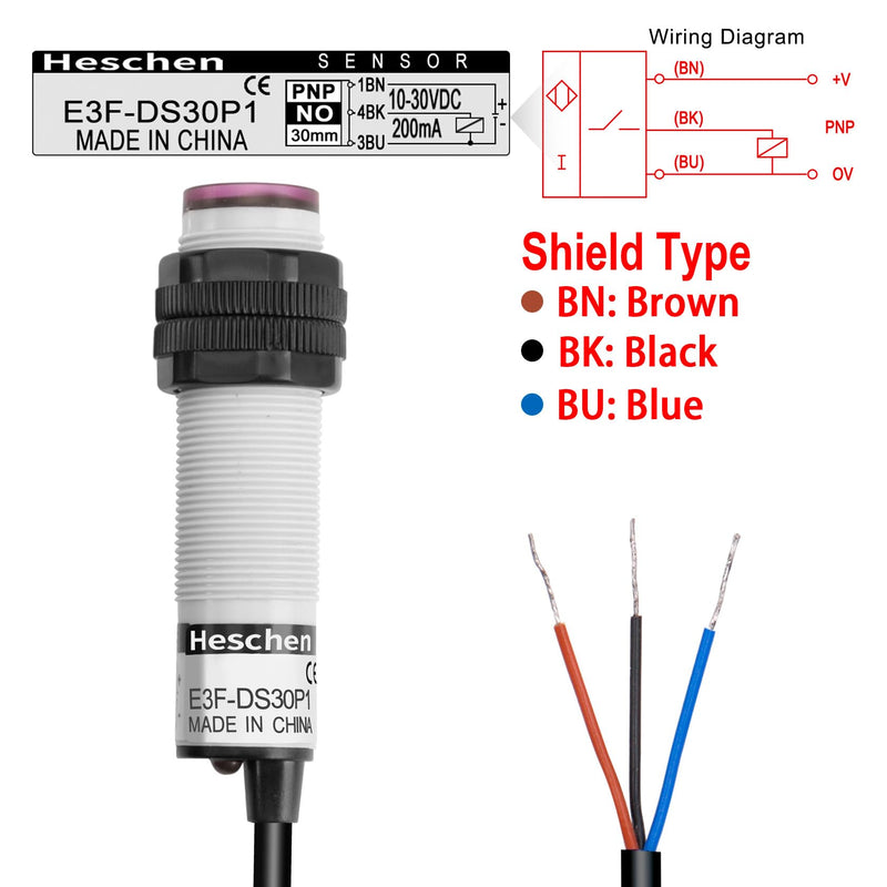 [Australia - AusPower] - Heschen M18 Column Infrared Photoelectric Proximity Switch, Diffuse Reflection Type, E3F-DS30P1, Detection Distance 10-30cm, 10-30VDC 200mA, PNP Normally Open (NO), 3 Wires 