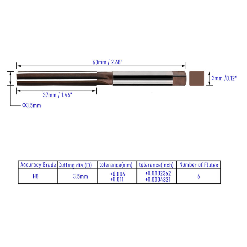 [Australia - AusPower] - Hand Reamer Metric 3.5mm Alloy Tool Steel 9Crsi H8 6 Straight Flutes Hand Milling Cutter Tool 
