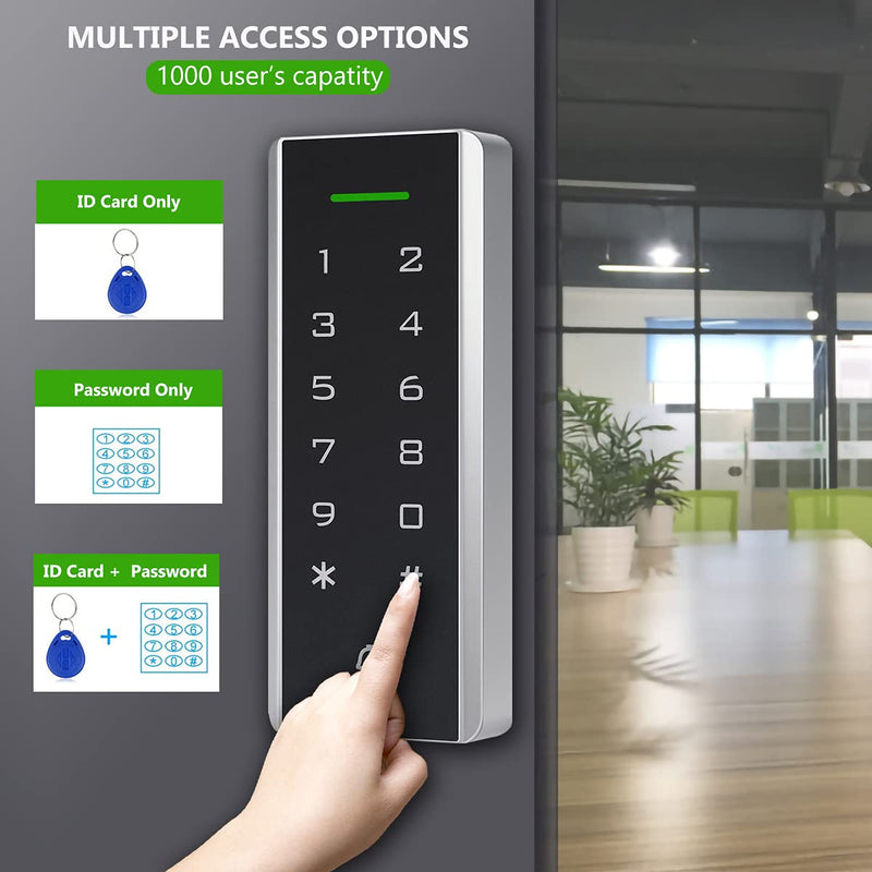 [Australia - AusPower] - Door Access Control System, 125KHz Proximity ID Card Access Control Keypad Support 1000 Users ID Card Reader Digital Keypad + 5PCS Keychains for Entry Access Controller Gate Opener Narrow Panel 
