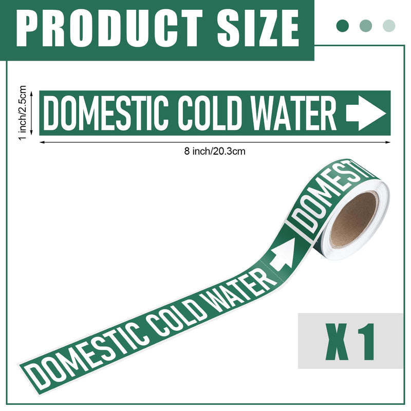 Domestic Cold Water Pipe Markers 1" Height x 8" Width Safety White on Green Pipe Self Labels with Arrow Plastic Film Markers Stickers for Industrial Safety Marking Supplies