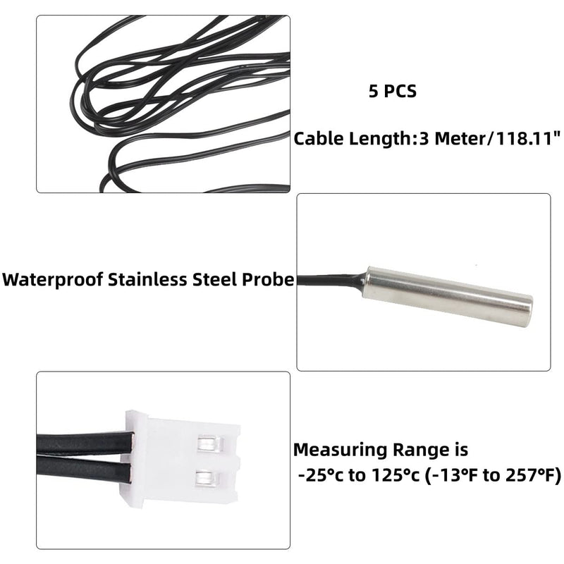 [Australia - AusPower] - 5 Pcs NTC 10K 3950 Temperature Probe, -25 to 125 Degree Celsius Temperature Sensor Probe Stainless Steel Housing Thermistor Temp Sensor - 3 Meters /9.8 Ft Cable Length 