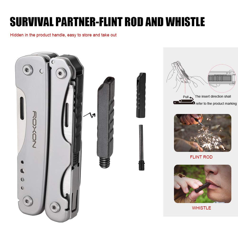 ROXON S803E Elite Flash Multitool with 20 functions including strong pliers, Flint Rod, full-size lockable blades for Outdoor Essential Survival Tool (D2 Blade) D2 Blade