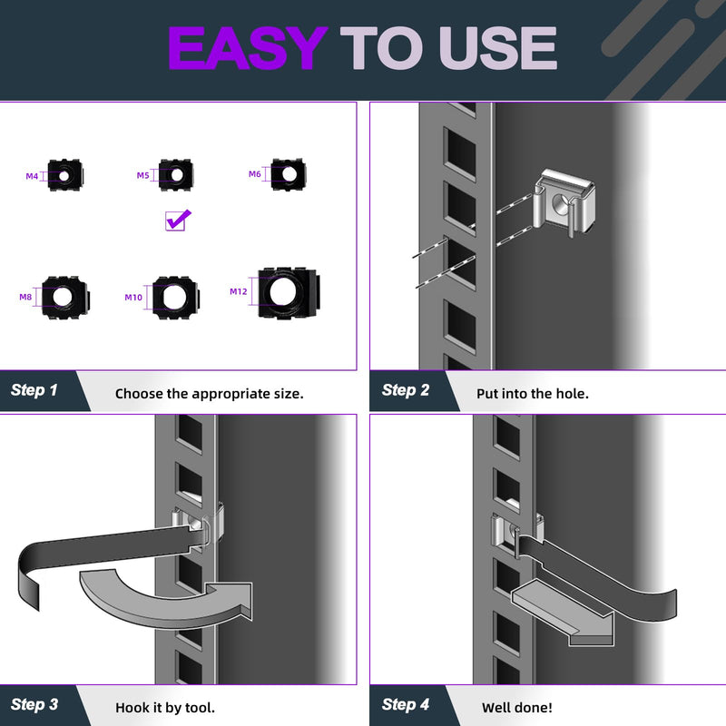 [Australia - AusPower] - Swpeet 48Pcs 6 Sizes M4 M5 M6 M8 M10 M12 Black Zinc Plated Carbon Steel Snap-in Cage Nuts, Square Cage Nut, Rack Rail Retainer Nuts, Server Shelf Cabinets Rack Mount Cage Nuts, Clip-On Computer Nuts 48 