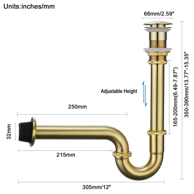 Sink Stopper U Trap Set, Brass Construction U-Shape 1-1/4 inch Slip Inlet Drain, Sink Drain Stopper Set NO Overflow, US/CA Standard, Pls Measure ur Sink Hole Size Before Order, Brushed Gold U-Stopper NO Overflow 03-gold