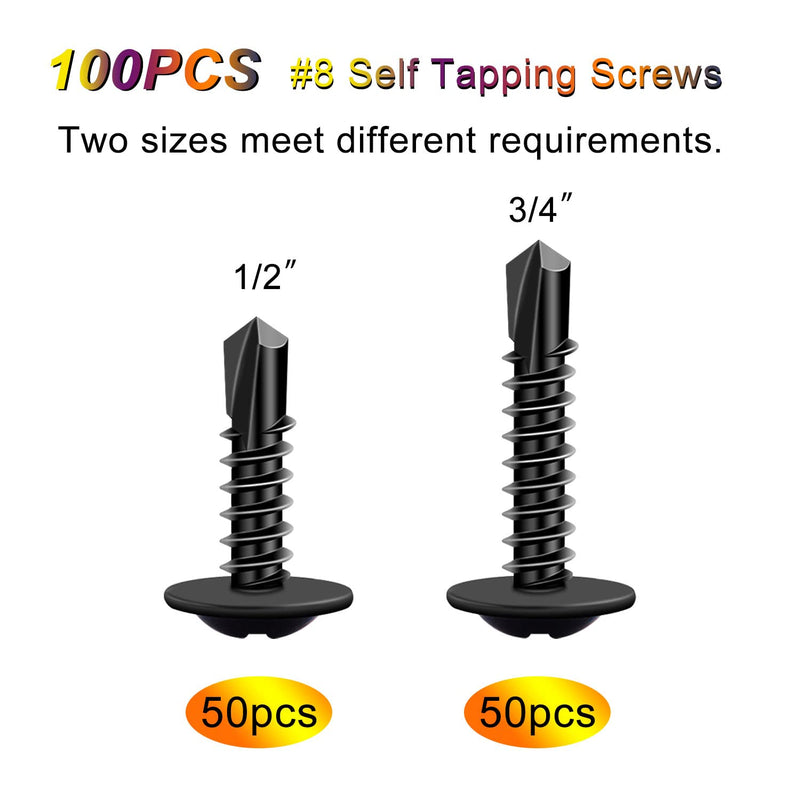 [Australia - AusPower] - weideer 100pcs #8 Self Drilling Screws Self Tapping Tek Screws Assortment Kit Black Oxide Truss Head Sheet Metal Screws 410 Stainless Steel (1/2" 50pcs+3/4" 50pcs) K-055-100P 1/2" 3/4" 