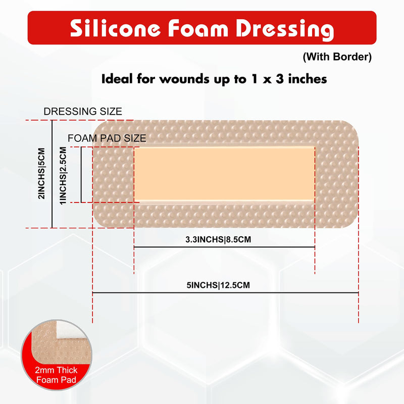 [Australia - AusPower] - 2" x 5" Pack of 10 Silicone Foam Wound Dressing - Waterproof Adhesive Bandages with Bordered - Super Absorbent & Breathable for Optimal Wound Care 2" X 5", 10 Pack 