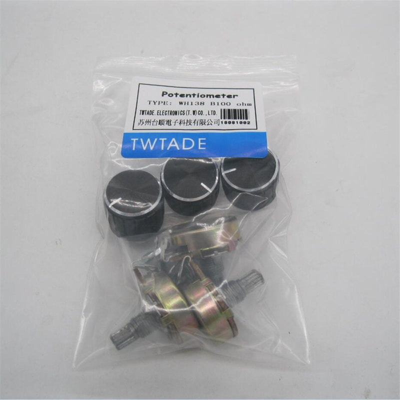 [Australia - AusPower] - TWTADE / 3pcs wh138 100 ohm Potentiometer Single Turn Rotary Linear Variable Potentiometer +3pcs black Aluminum alloy knob 