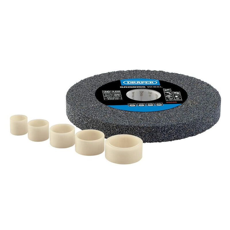 Draper Tools Expert 150 x 20mm Aluminum Oxide Bench Grinding Wheel | 36 grit, 31.75 mm bore, includes 5 reducing rings, for steel and non-ferrous metals