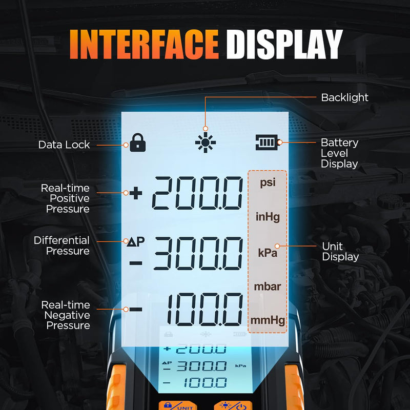 Manometer Gas Pressure Tester -101 to 200KPa Digital Manometers Dual-Port Gas Manometers HVAC with Auto Calibration, Backlight LCD Display, Data Hold Air Pressure Meter Small-PT503