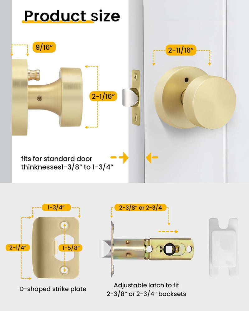 goldenwarm Gold Door Knobs Interior, Heavy Duty Zinc-Alloy Privacy Brushed Gold Interior Door Knobs, Brushed Brass Indoor Doorknobs for Bedroom, Bathroom (1 Pack) 1