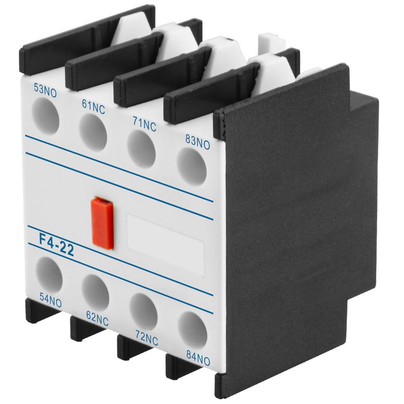 Heschen AC Contactor Auxiliary Contact Blocks F4-22 4 Pin 2NO 2NC Contacts Front Mount Screw Connector Fits CJX2 Series AC Contactors
