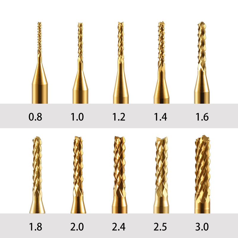 End Mill Sets,10Pcs Titanium Coat Ending Mill,1/8" Shank 0.8-3mm Micro End Mill Engraving Bits CNC Router Bits for Rotary Tools 0.8-3.0mm