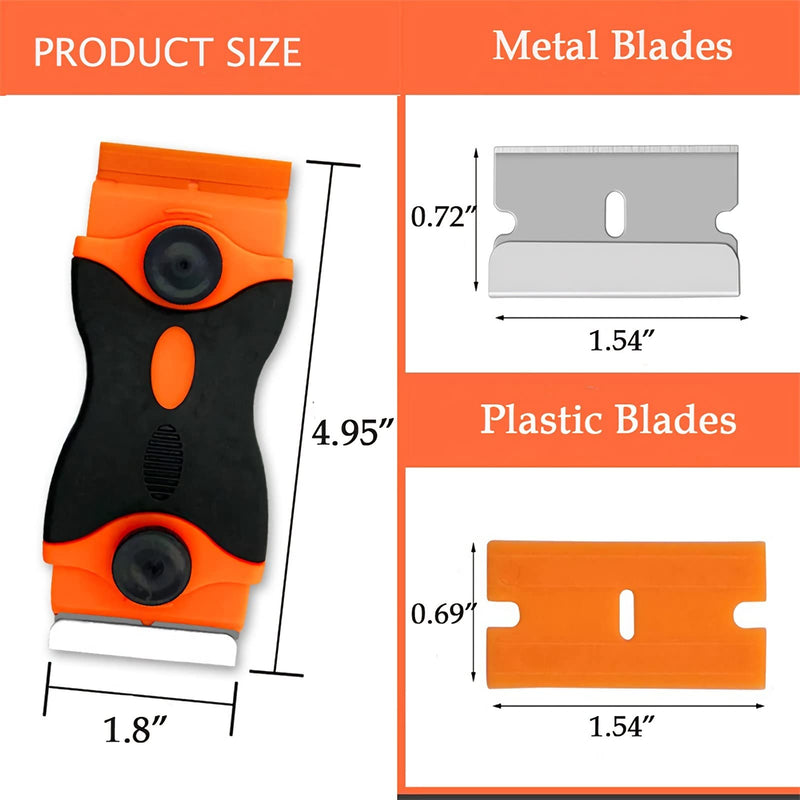 Razor Blade Scraper, 2-in-1 Plastic Scraper Tool with 20 Razor Blades, Multi-funtional Cleaning Razor Scraper for Paint, Label, Decal, Sticker Remover, Gum, Caulk, Adhesive Removal, Cooktop, Wallpaper Orange