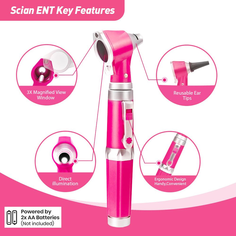 [Australia - AusPower] - Scian Otoscope - Ear Scope with Light, Ear Infection Detector and Pocket Ear Checker Kit with 3X Magnify Lens, Suitable for Kids, Adults, Doctors, Pets(Pink) Pink 