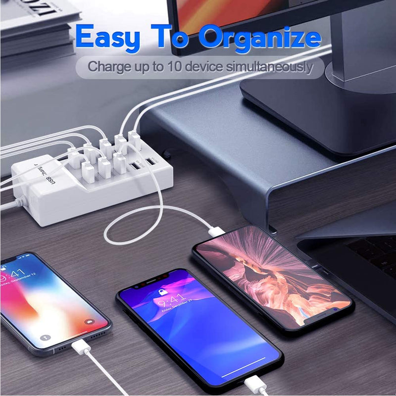 [Australia - AusPower] - 10-Port USB Wall Charger Station with Rapid Charging Auto Detect Technology Safety Guaranteed Family-Sized USB Ports for Multiple Devices Smart Phone Tablet Laptop Computer White 