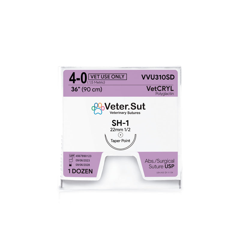 [Australia - AusPower] - VeterSut VetCRYL Absorbable Polyglactin Surgical Suture USP Size 4-0, (SH-1) 1/2 22mm Taper Point Needle, 36 Inches (90 cm), 12 Count, Veterinary Use 