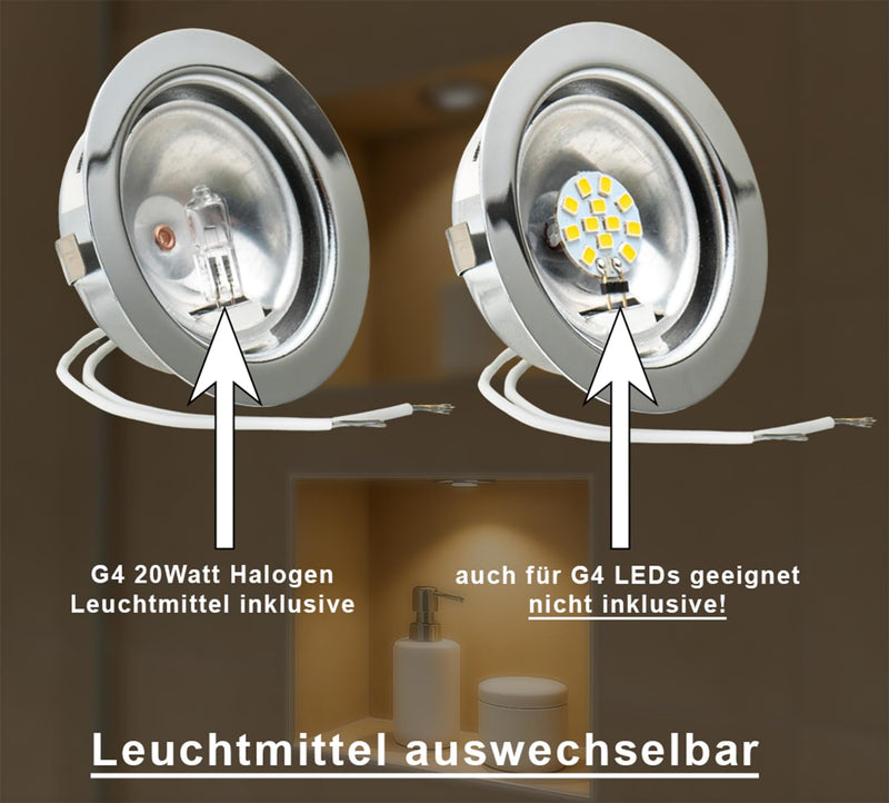 Set furniture recessed light | 12 volt AC G4 20 watt bulb included (dimmable) | drill hole: 55-58 mm - outer diameter: 68 mm - Installation depth: 19 mm | lamps can be replaced - also suitable for LEDs