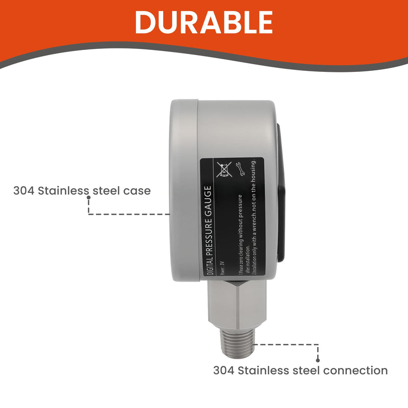 [Australia - AusPower] - Roastove 2-1/2" dial Digital Industrial Pressure Gauge with 1/4" NPT Lower Mount, Stainless Steel case and Connection, 0-1000psi/bar, 1% accurancy,Battery Powered, with LED Light 2-1/2",0-1000PSI 