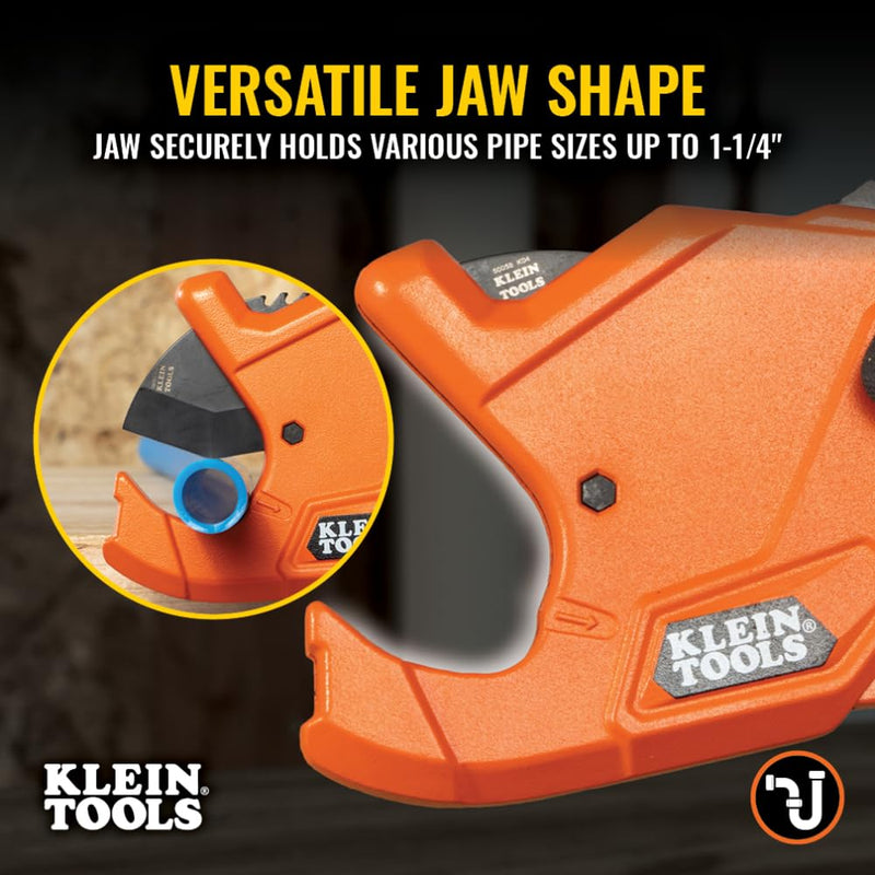 [Australia - AusPower] - Klein Tools 50044 Ratcheting PVC Pipe Cutter Tool, 1-1/4 Inch I.D. Cutting Capacity for PVC, CPVC, and PEX Pipes, One-Handed Blade Retraction 