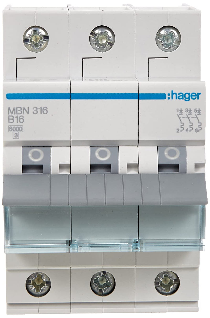 [Australia - AusPower] - Hager MBN316 Circuit Breaker 3-Pin 6kA B-Characteristic 16A 3 Modules 