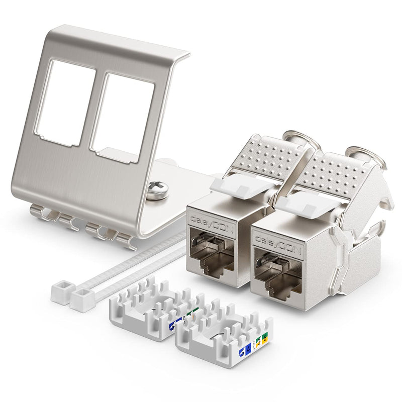 deleyCON CAT6a Keystone Jack Module 2-Port DIN Rail Adapter, Pack of 4 | Set with 2 x 2-port adapters, metal, STP shielding, RJ45 socket, 10 Gbit/s network, snap-in mounting, 35 mm DIN rail 4x Keystone + 2x Halter