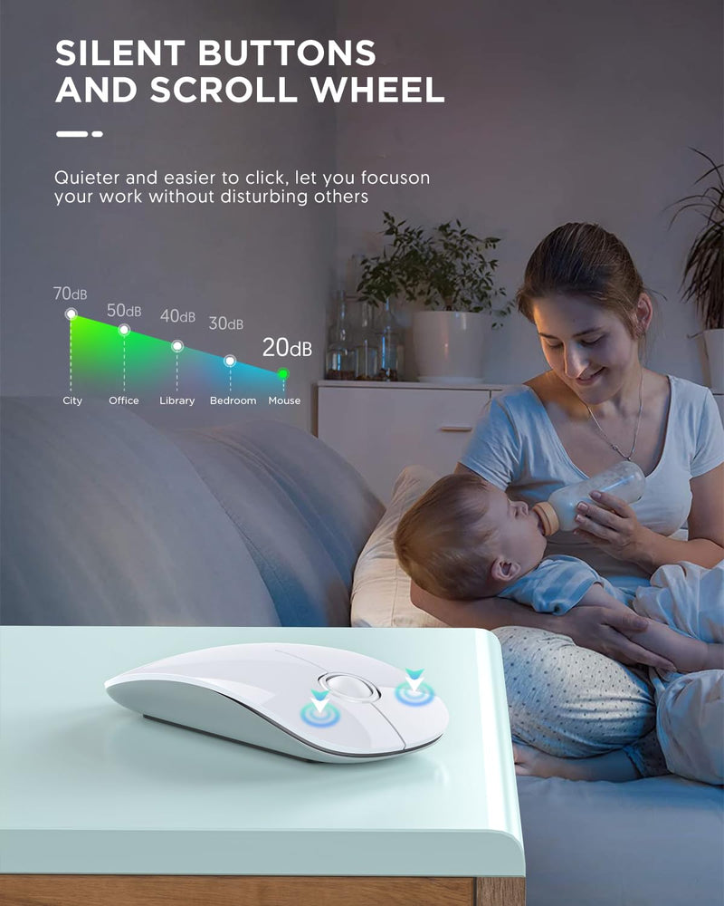 [Australia - AusPower] - Bluetooth Wireless Mouse - (BT5.1+USB) Slim Dual Mode Computer Mice with Quiet Click, Low Power, and 1600 DPI, Portable Cordless for MacBook, Laptop, iPad Pro/Air, Chromebook (White) White 
