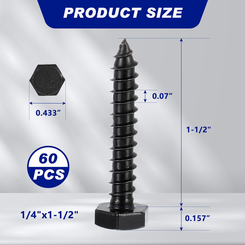 [Australia - AusPower] - Blulu 60 Pcs 304 Hex Head Lag Screws Stainless Steel Lag Bolts for Wood Plain Finish Hexagon Head Wood Screws(Black, 1/4'' x 1-1/2'') 1/4'' x 1-1/2'' Black 