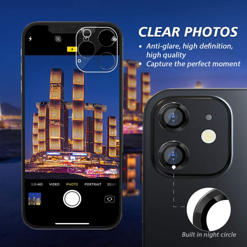 [Australia - AusPower] - Camera Lens Protector for iphone 12/12 Mini / 11, Tempered Glass Film, Aluminum Alloy Screen Cover, 2 Pack Black, with Cleaning Kit 