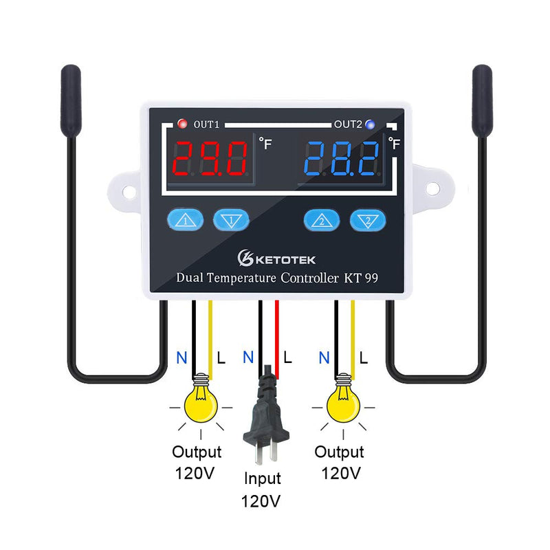 [Australia - AusPower] - Ketotek Thermostat, Heating and Cooling Digital Temperature Monitor, Thermostat, with 2 Sensor Output Power, Direct for Aquarium and Incubator Heating, Terrarium Reptiles Mat AC 230 V 