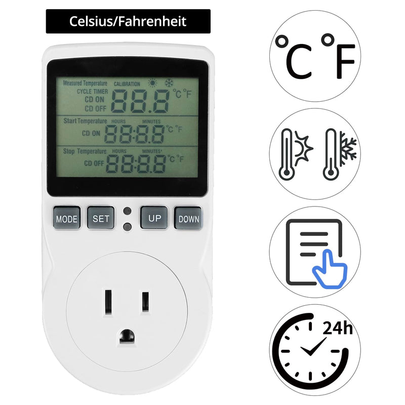 [Australia - AusPower] - QWORK Digital Thermostat Outlet Plug Temperature Controller Socket - 120V, 15A Max, Heating Cooling Control, No Back Light 1 Pack 