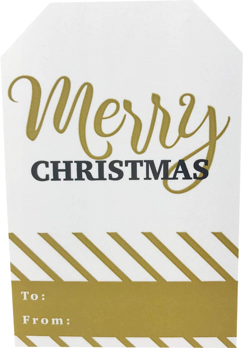 Merry & Bright Gold Gift Tag Stickers – 2 x 3 Inch Holiday Labels, Roll of 100 with 4 Festive Designs – Elegant Christmas Wrapping Tags, Made in The USA