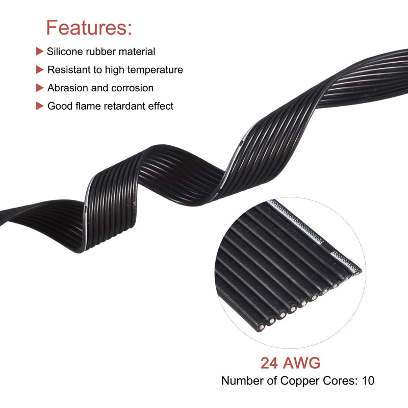 [Australia - AusPower] - MECCANIXITY 24AWG Silicone Ribbon Cable 10Pin 24 Gauge Flat Cable Flexible Silicone Wire 3m/9.8ft Black Stranded Tinned Copper Wire for Model Plane, Model Car, Electric Appliance 24AWG,9.8ft 