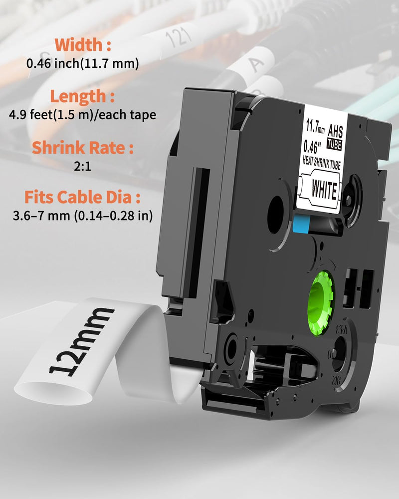 HSe-231 HSe231 Heat Shrink Label Replacement for Brother P Touch Heat Shrink Tube Wire Cable Label Tape 11.7mm 0.46'', Compatible with PT-E300 PT-E500 PT-E510VP PT-E560BTVP, Black on White, 4-Pack 0.46" (11.7mm)