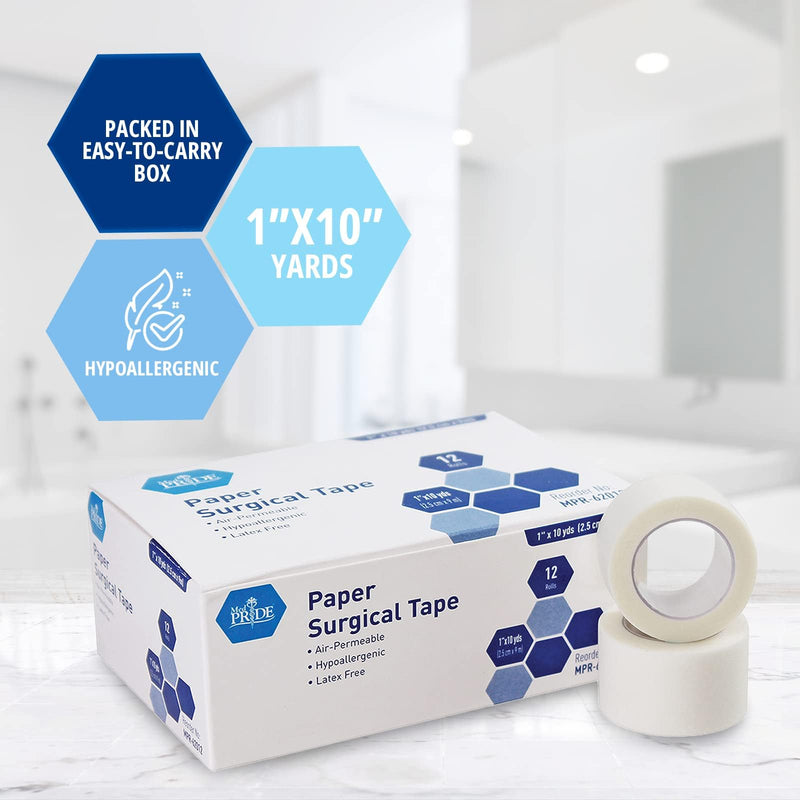 [Australia - AusPower] - MED Pride Paper Surgical Tape 1" x 10 Yards for Wound Dressing [Pack of 12] - Latex-Free & Hypoallergenic Medical Tape Suitable for Sensitive Skin- Hospital-Grade, Breathable Wound Care Paper Tape 