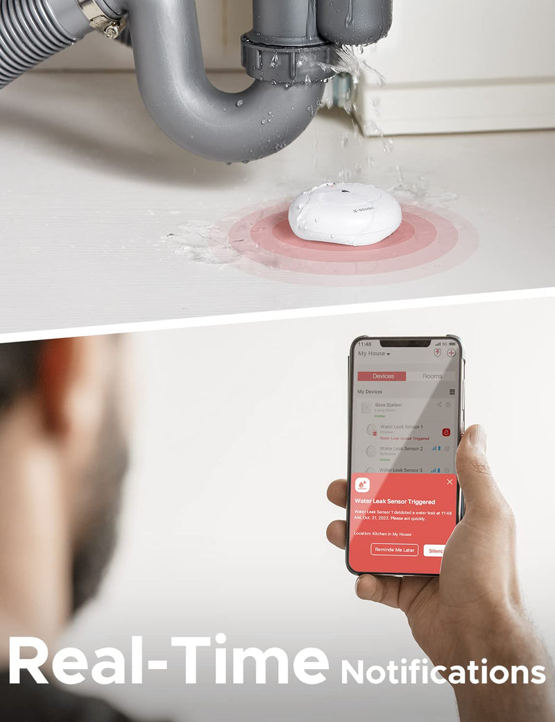 [Australia - AusPower] - X-Sense Wi-Fi Water Leak Detector, Smart Water Sensor Alarm, Water Detector Alarm with 1700 ft Transmission Range for Kitchens, Basements, Bathrooms, 3 Water Detectors & 1 Base Station, Model SWS54 3 Sensors (110 dB) + Base Station 