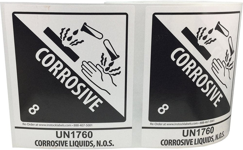 Hazard Class 8 D.O.T. UN1760 Corrosive Liquids N.O.S. Labels, 4 x 4 3/4 Inch Square Black and White Hazmat Stickers, 500 Adhesive Shipping Labels – Made in the USA