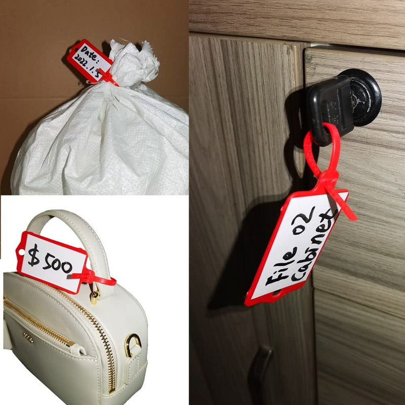 100pcs Reusable Blank Plastic Tags Ties Key Tags 1.45"*2.48" Serrated Tension Sealing Strap with Large Label Plastic Tie Mark Label Waterproof Hang Sign Write on Tag (Red, 100pcs) Red