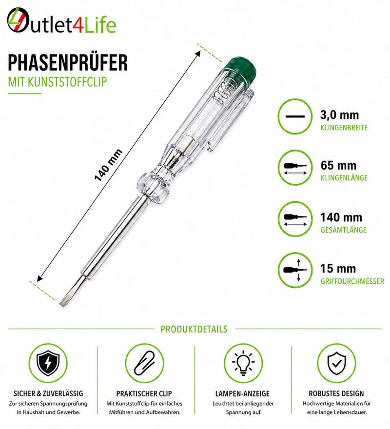 Single Pole Voltage Tester / Phase Tester with Fixed Integrated Glow Lamp, Screwdriver Blade and Metal Clip Made in Germany, Pack of 3