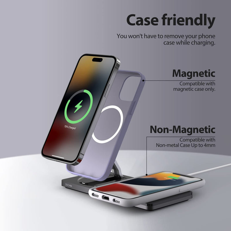 [Australia - AusPower] - Mag-Safe Charger Stand for iPhone， Wireless Charger Stand for Apple Products, 2 in 1 Magnetic Charging Station for iPhone 15/14/13/12 Series, Airpods 3/2/Pro with Adapter (Black) black 